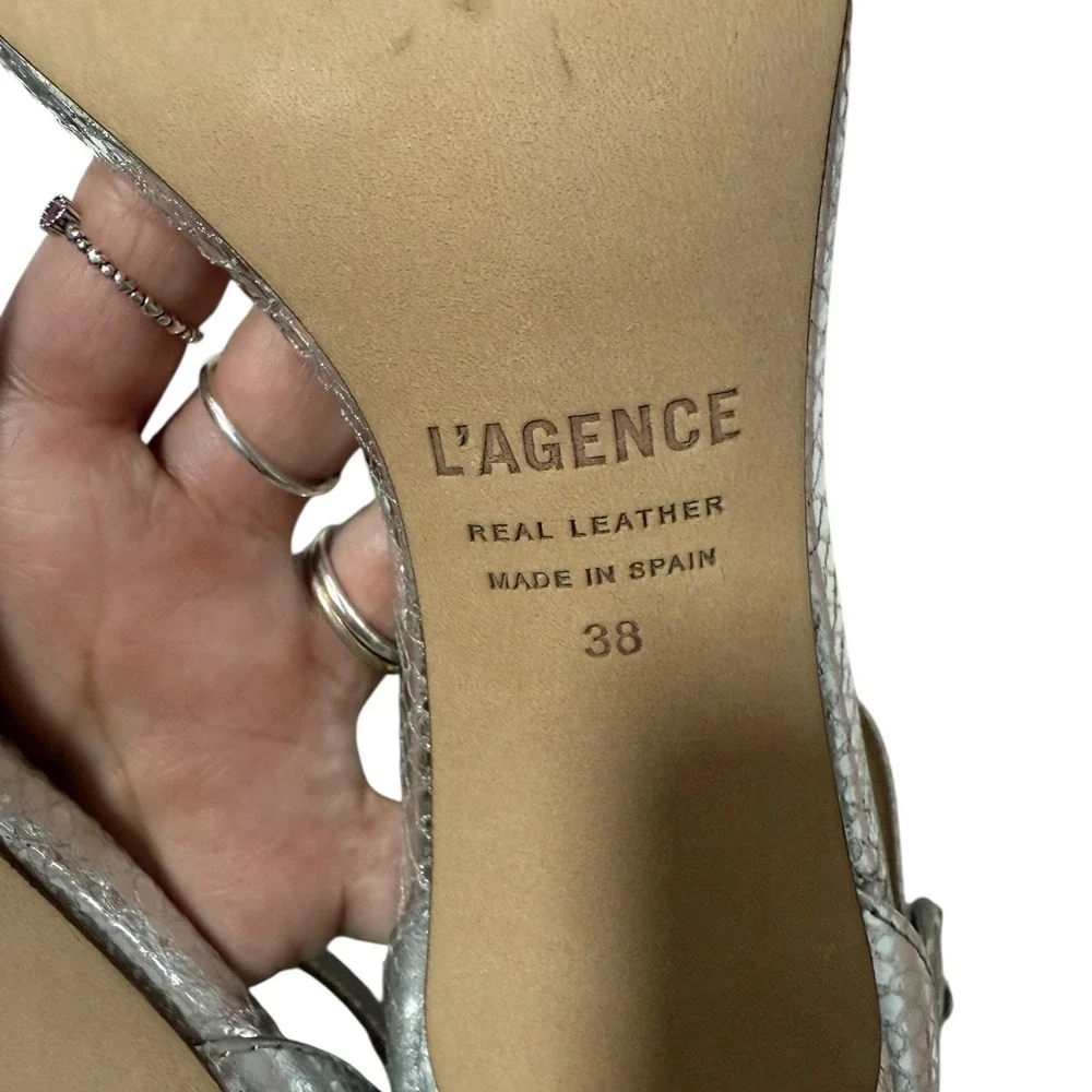 L'AGENCE Gisele II Heel Snakeskin Print Ankle Strap Silver Sandals Size 38 EUC